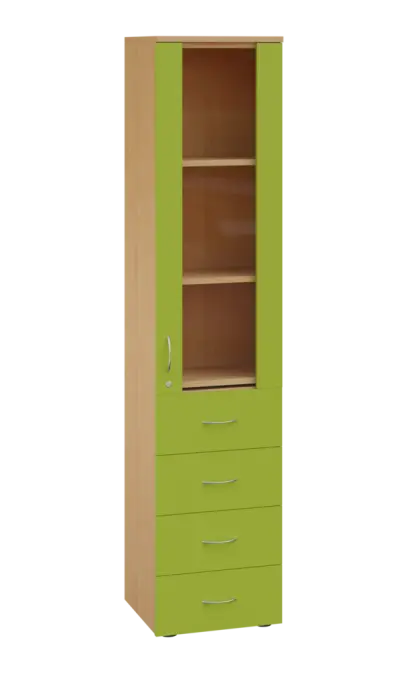 LE - 44 skříň léková prosklená, pravá, korpus javor horský, dvířka jarní zeleň